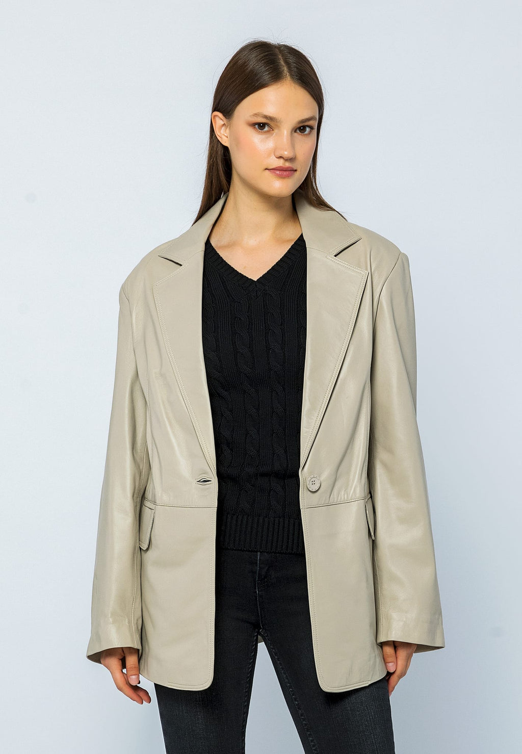 Kadin Oversize Blazer Deri Ceket Bej - Image 1