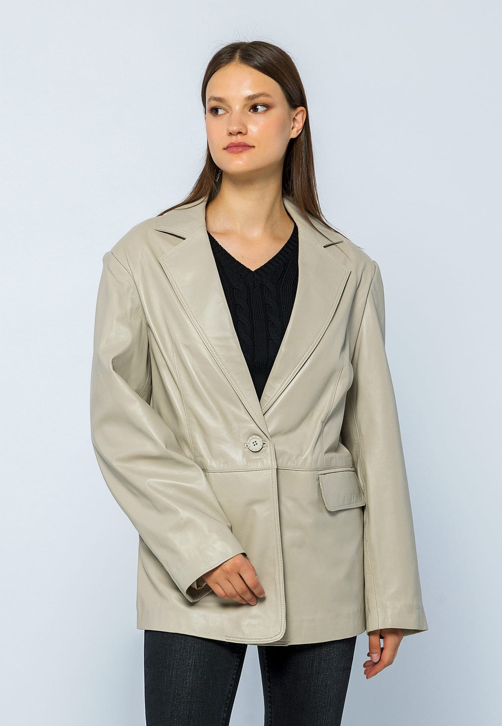 Kadin Oversize Blazer Deri Ceket Bej - Image 2