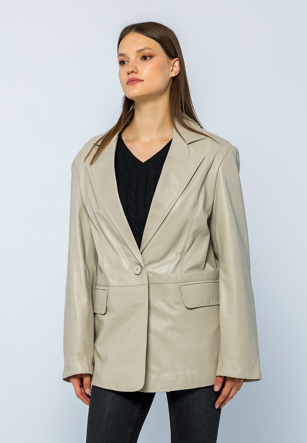 Kadin Oversize Blazer Deri Ceket Bej - Image 3