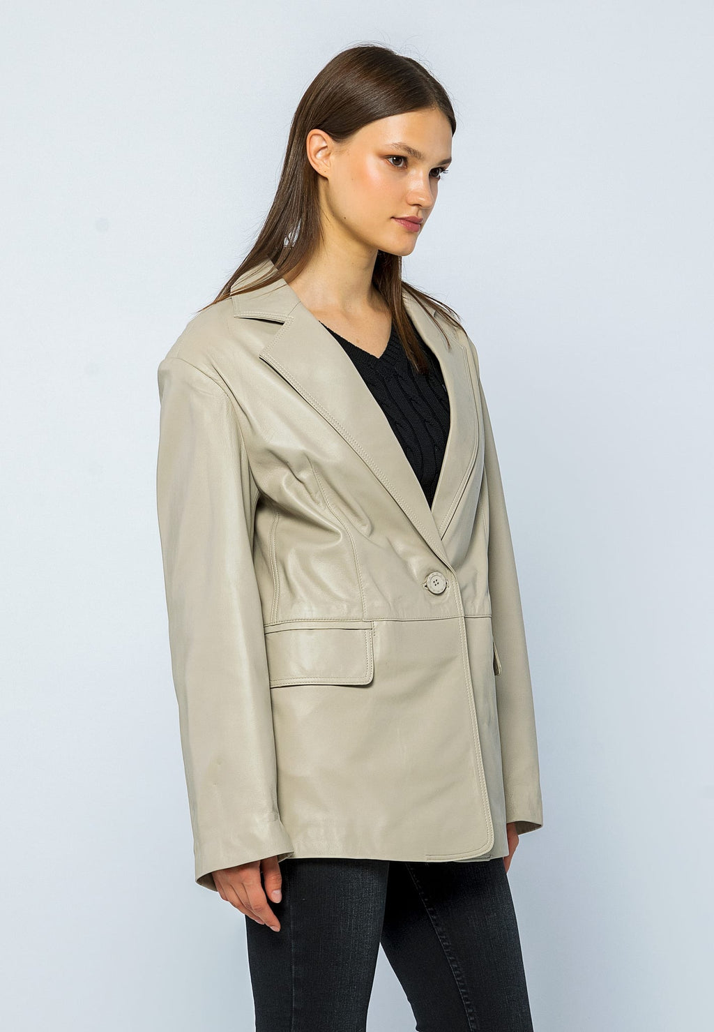 Kadin Oversize Blazer Deri Ceket Bej - Image 5