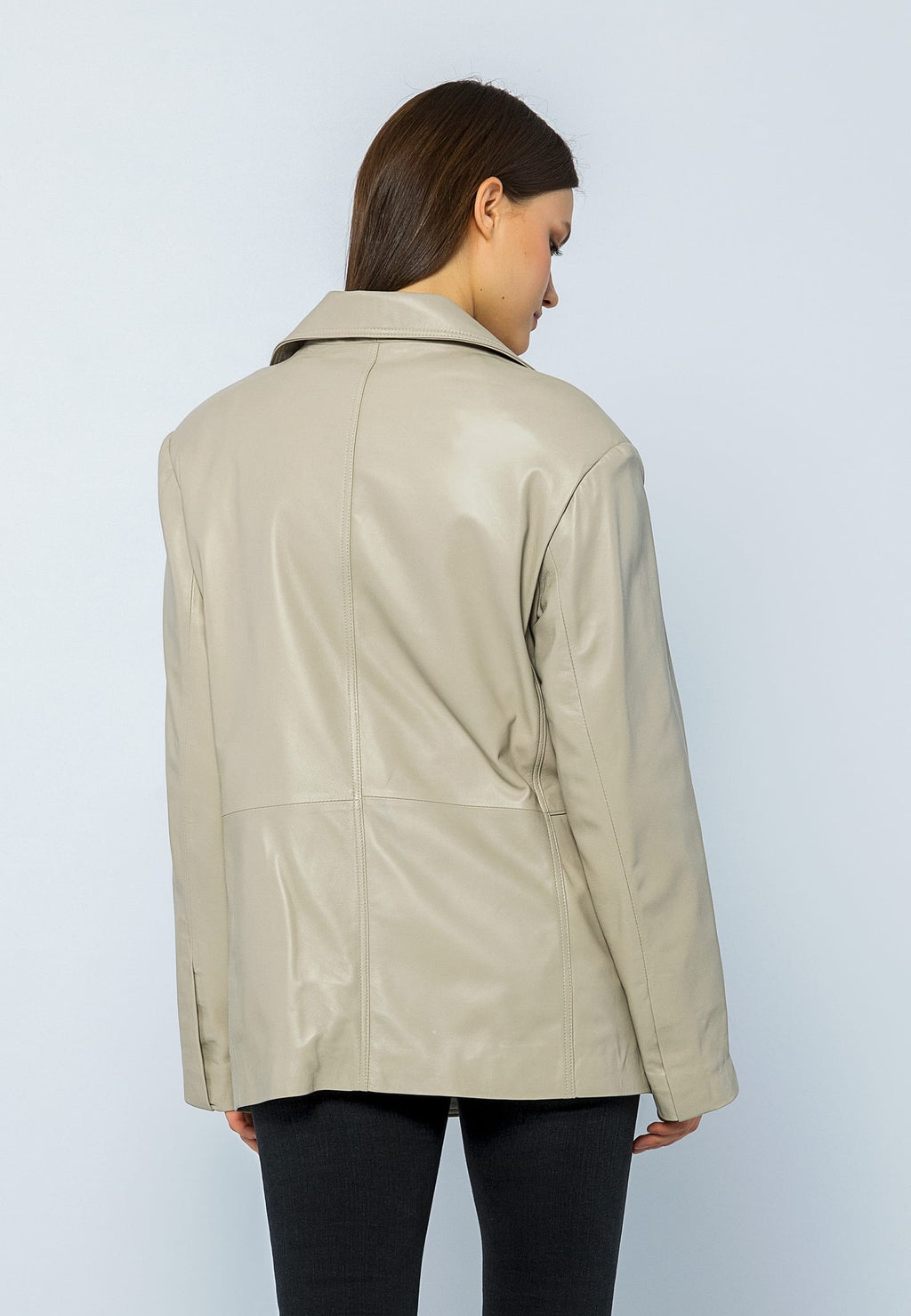 Kadin Oversize Blazer Deri Ceket Bej - Image 6