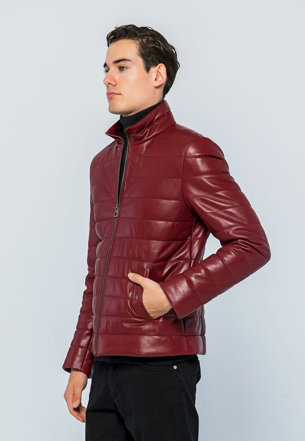 Erkek Sisme Deri Ceket Acik Bordo - Image 3