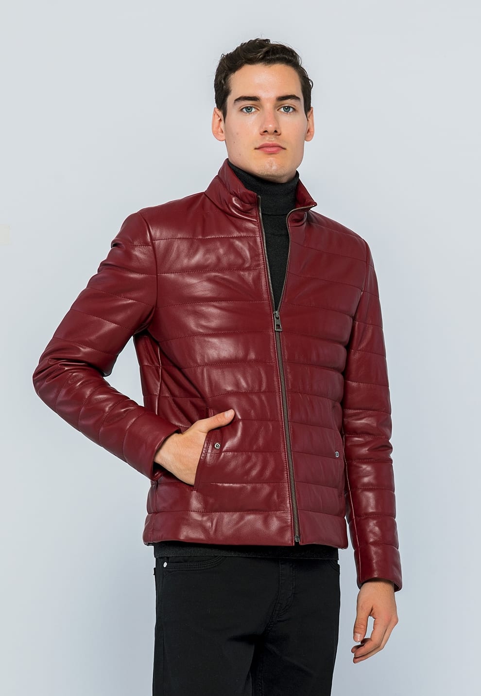 Erkek Sisme Deri Ceket Acik Bordo - Image 4