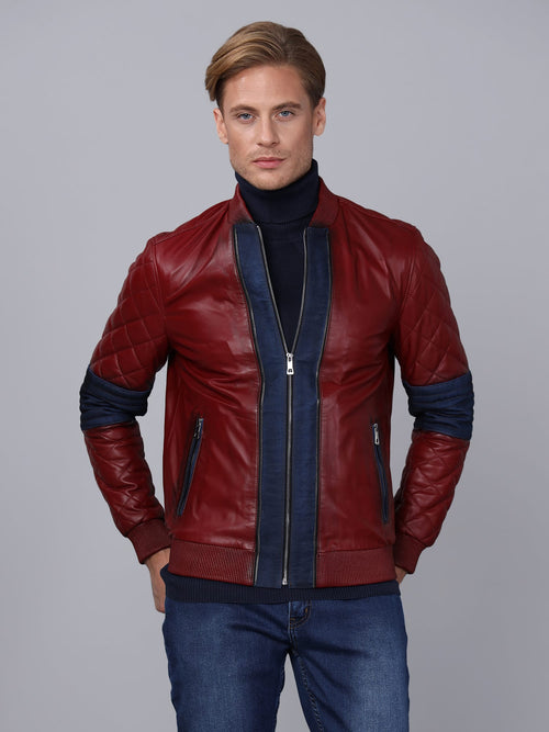 Erkek Bomber Deri Ceket Bordo - Image 1