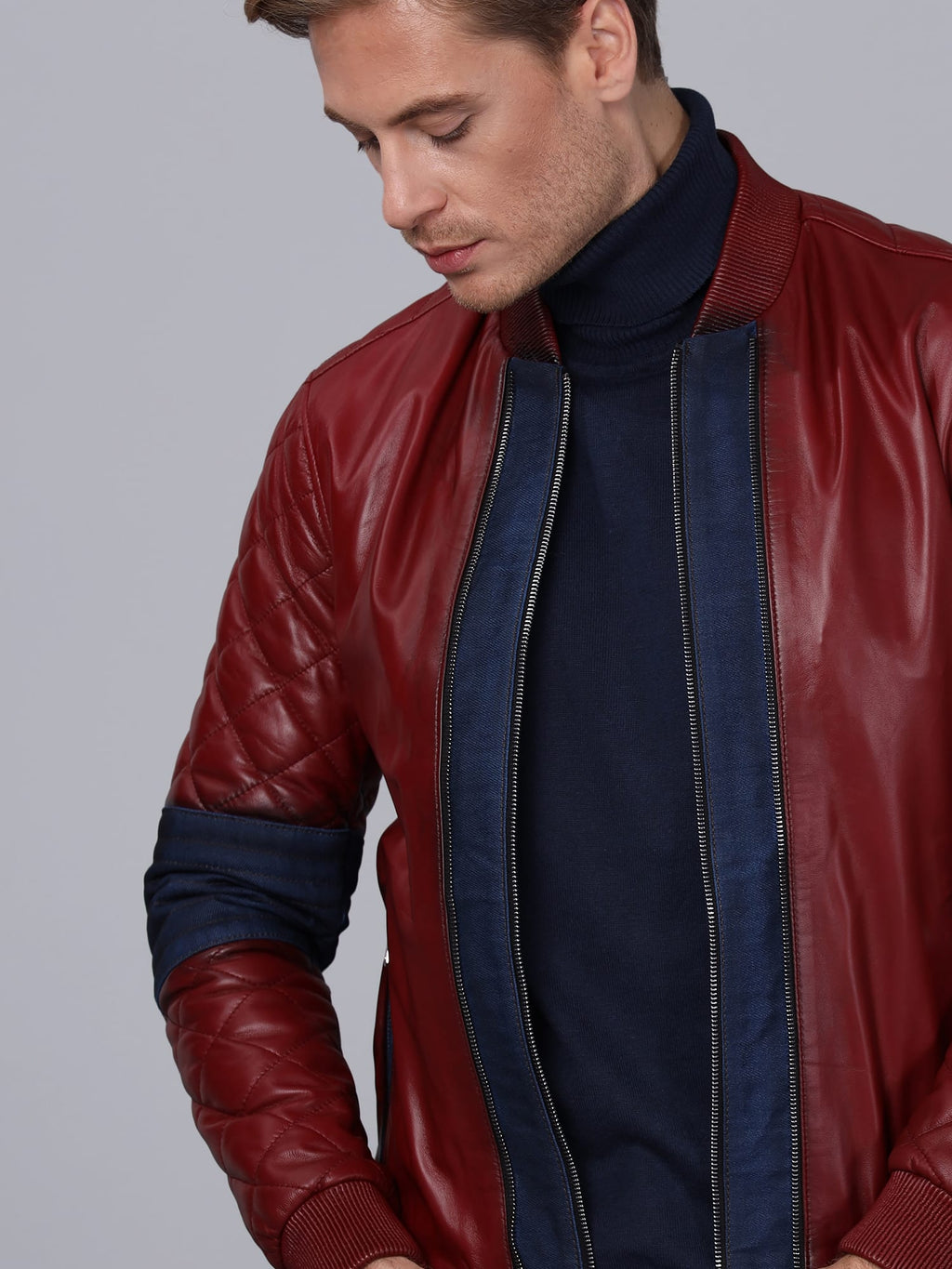 Erkek Bomber Deri Ceket Bordo - Image 2