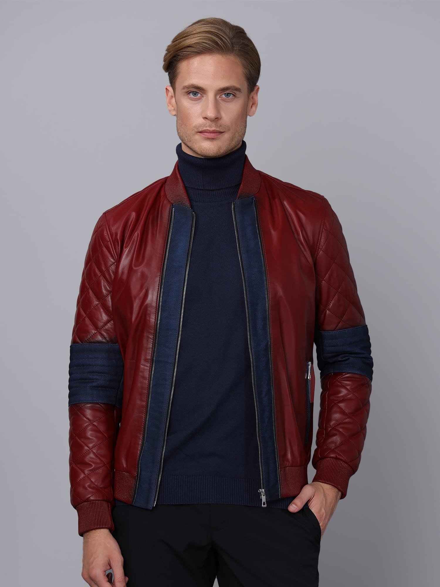 Erkek Bomber Deri Ceket Bordo - Image 4