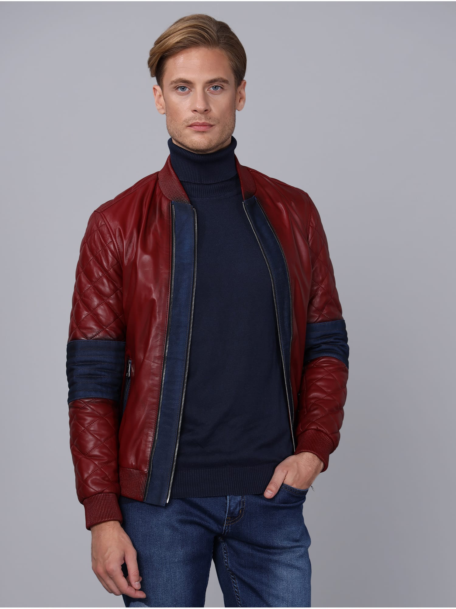 Erkek Bomber Deri Ceket Bordo - Image 5