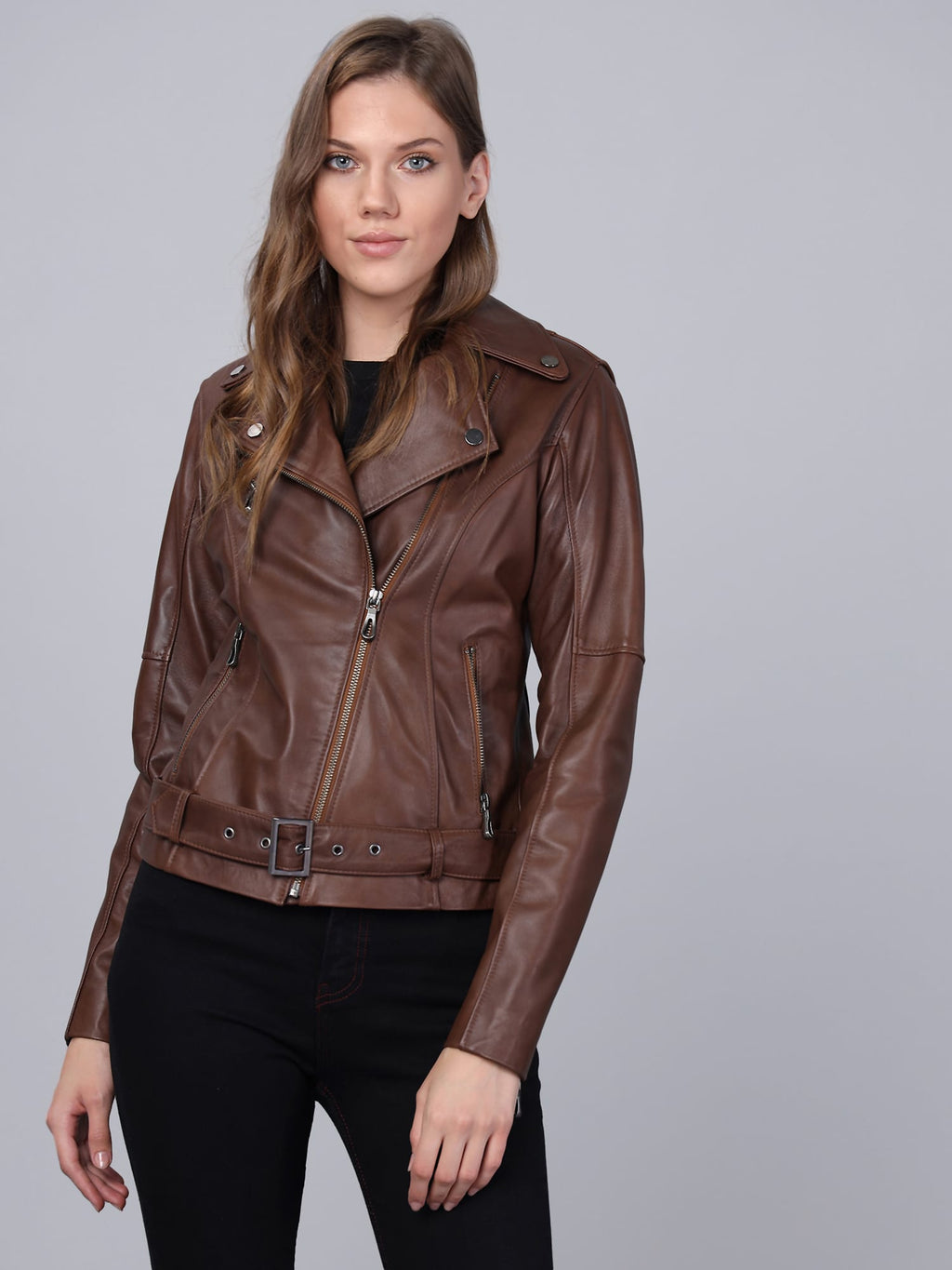 Kadin Biker Deri Ceket Kestane - Image 1