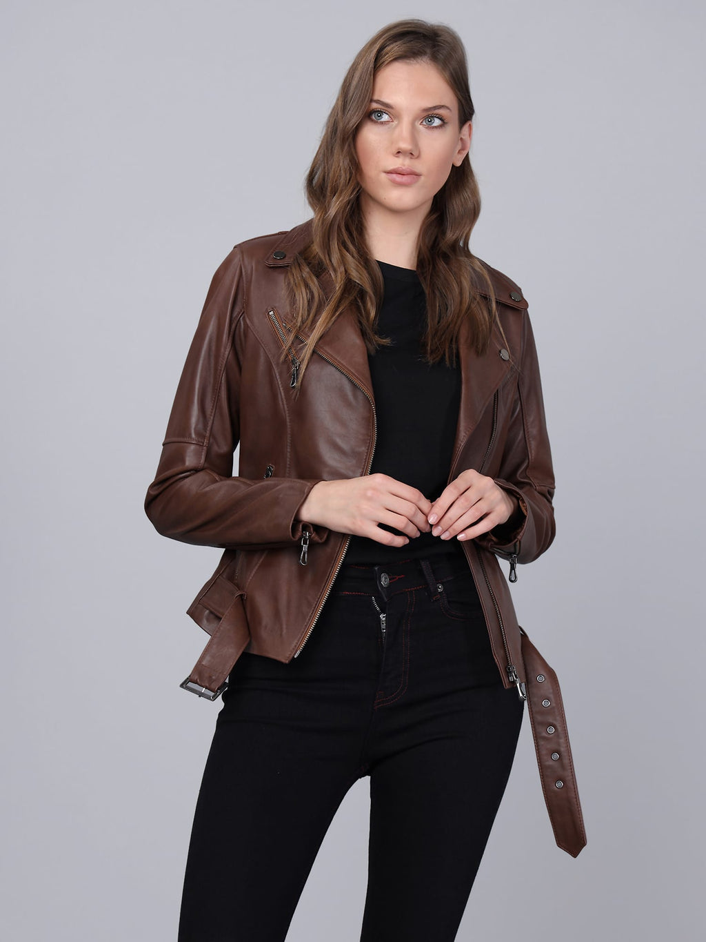 Kadin Biker Deri Ceket Kestane - Image 3