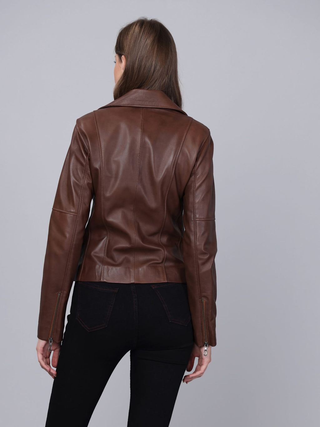 Kadin Biker Deri Ceket Kestane - Image 5