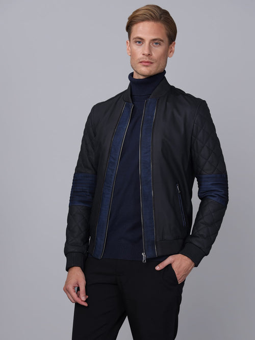 Erkek Bomber Deri Ceket Lacivert - Image 2
