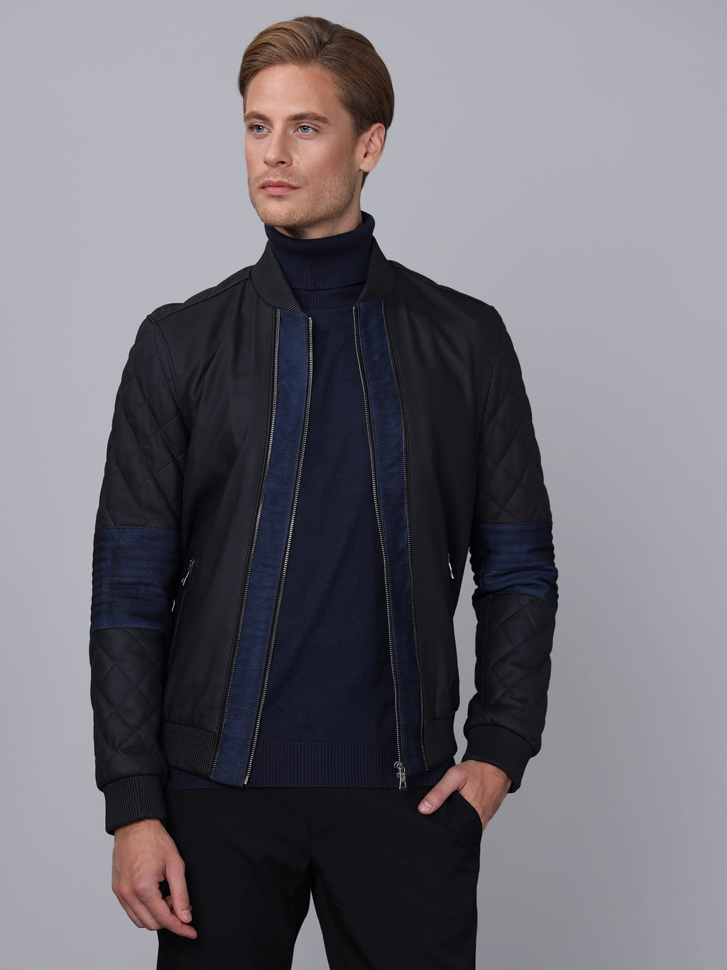 Erkek Bomber Deri Ceket Lacivert - Image 3