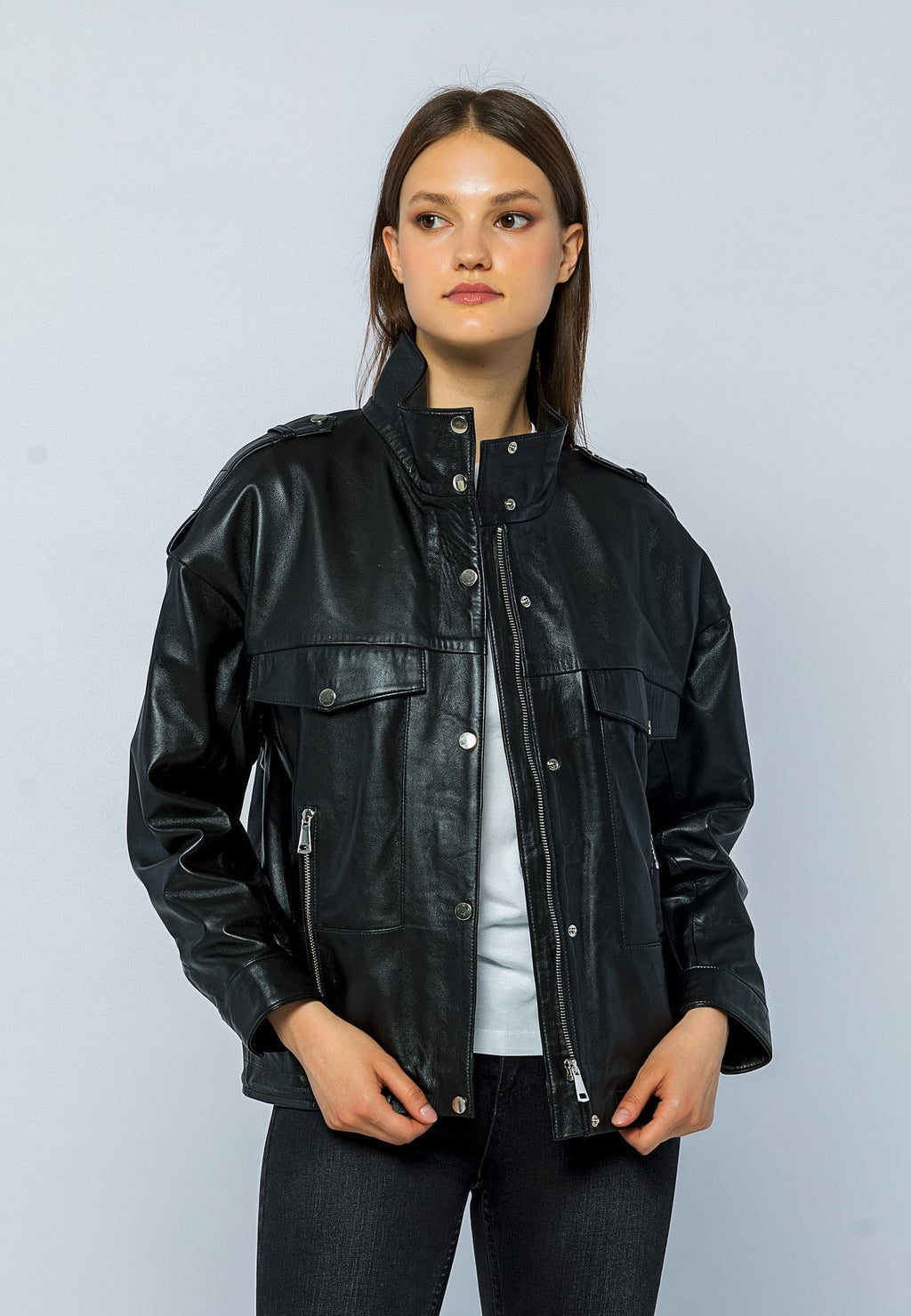 Kadin Oversize Deri Ceket Siyah - Image 1