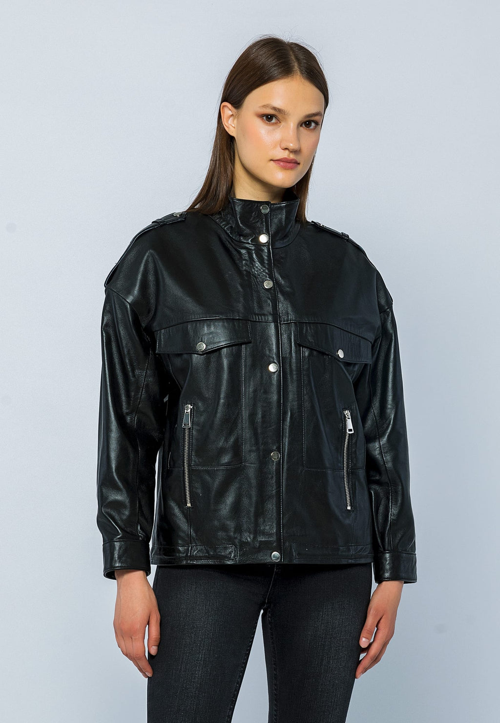 Kadin Oversize Deri Ceket Siyah - Image 2