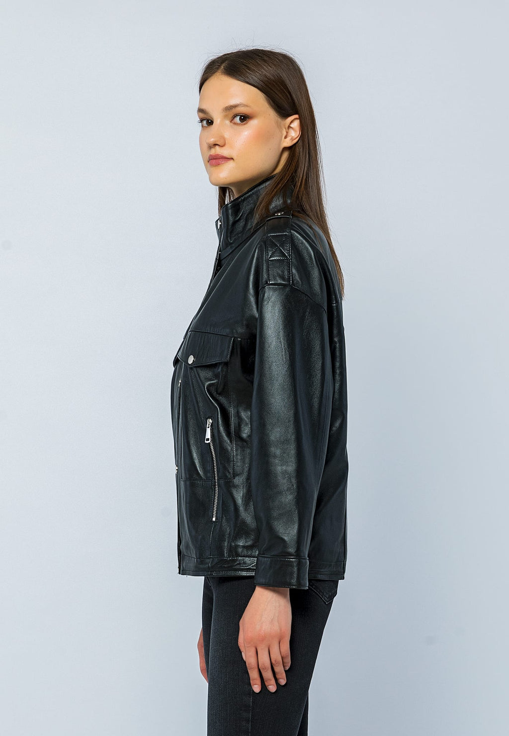 Kadin Oversize Deri Ceket Siyah - Image 3