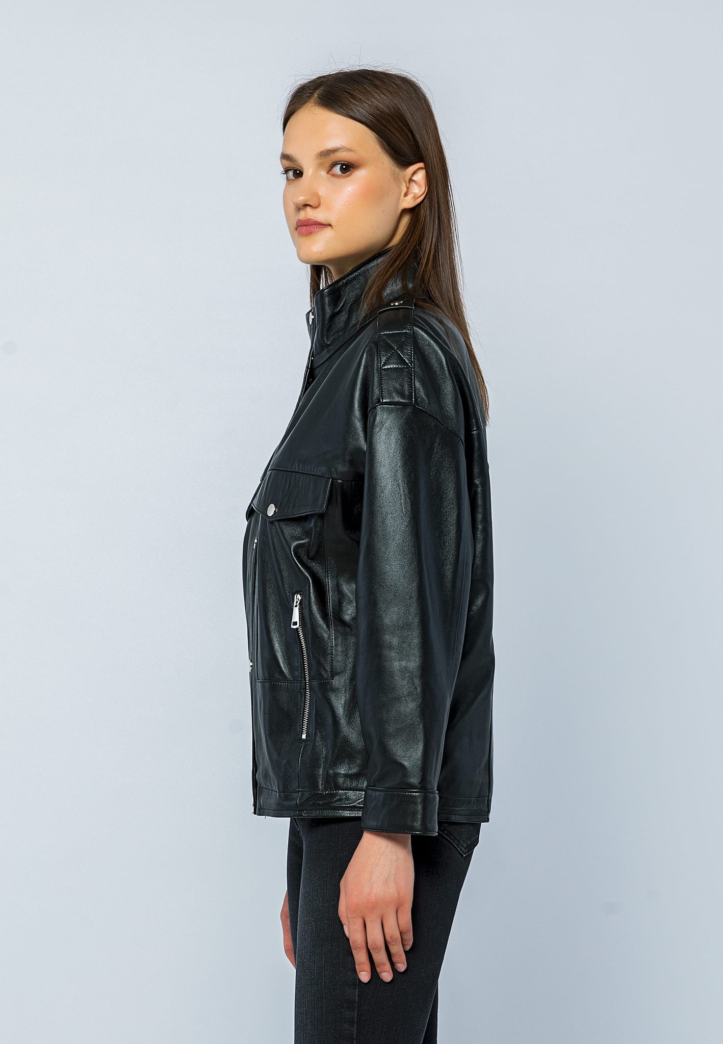 Kadin Oversize Deri Ceket Siyah - Image 3