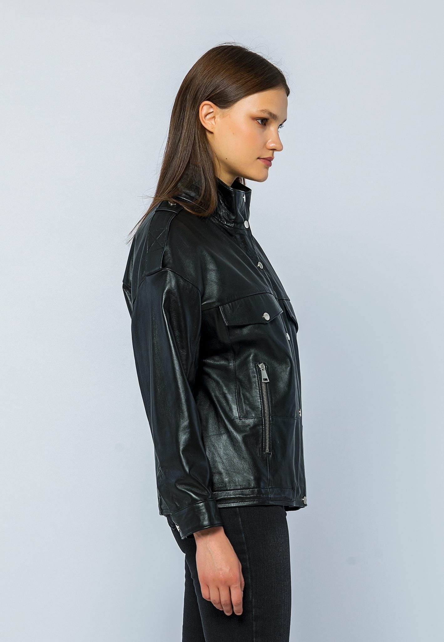 Kadin Oversize Deri Ceket Siyah - Image 4