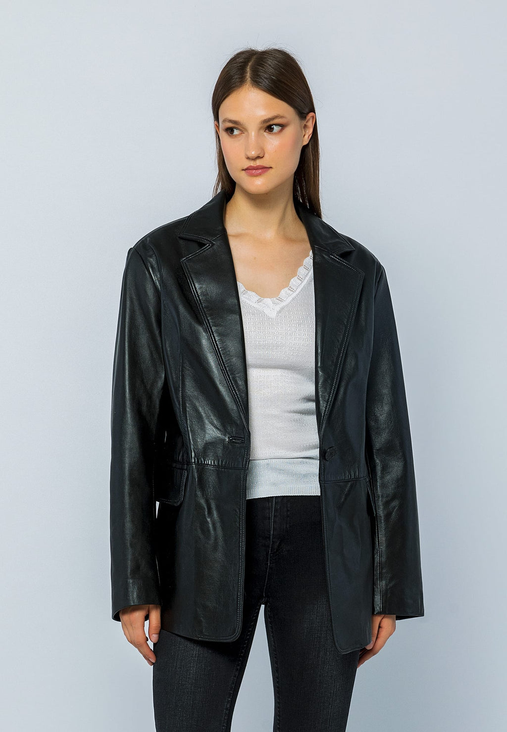 Kadin Oversize Blazer Deri Ceket Siyah - Image 1