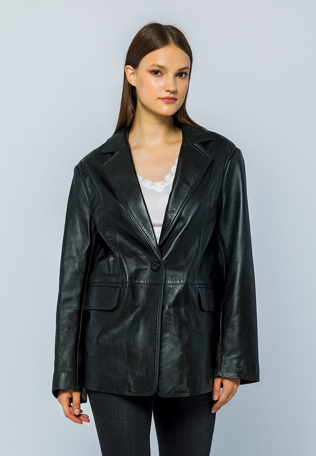 Kadin Oversize Blazer Deri Ceket Siyah - Image 2