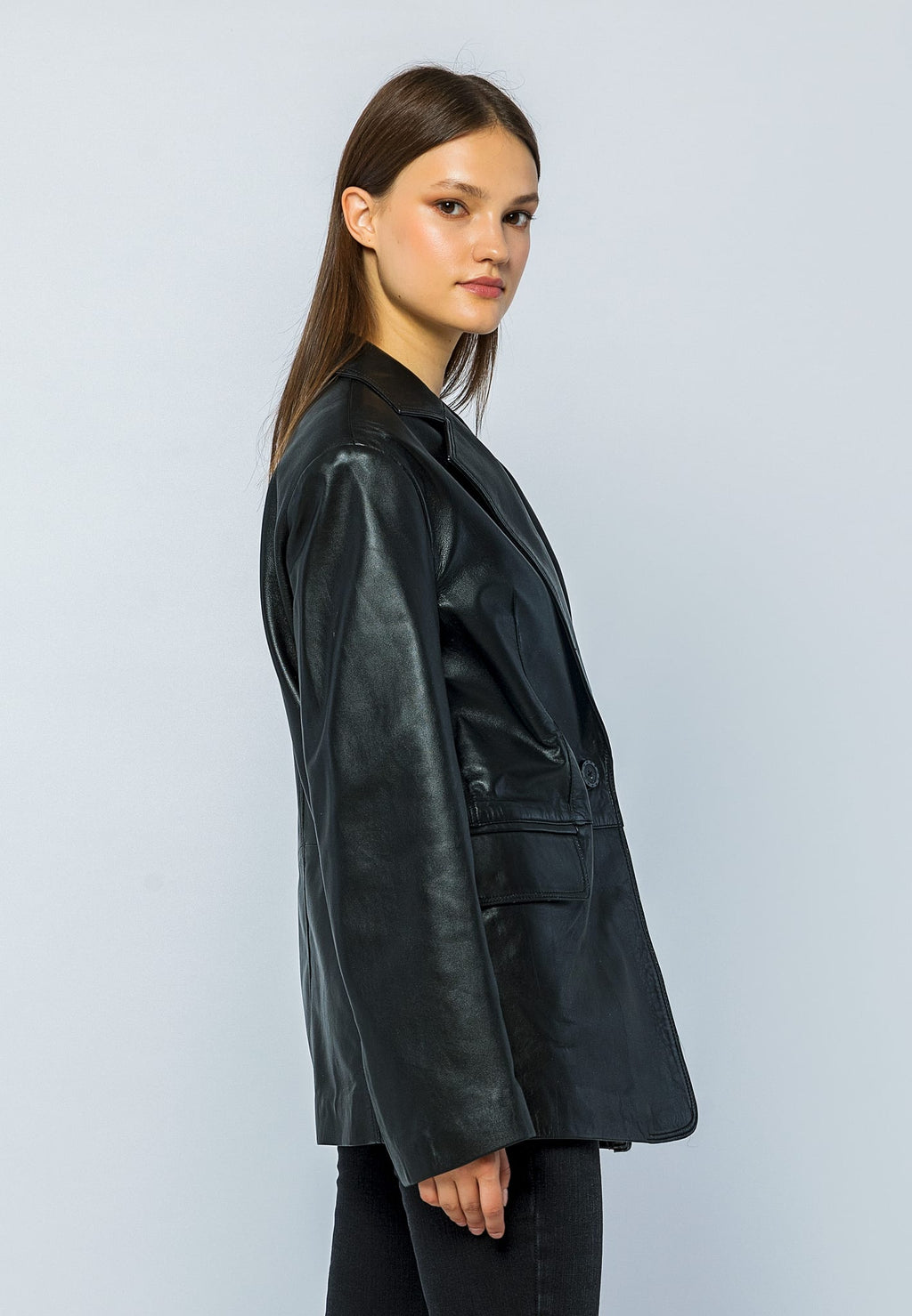 Kadin Oversize Blazer Deri Ceket Siyah - Image 4