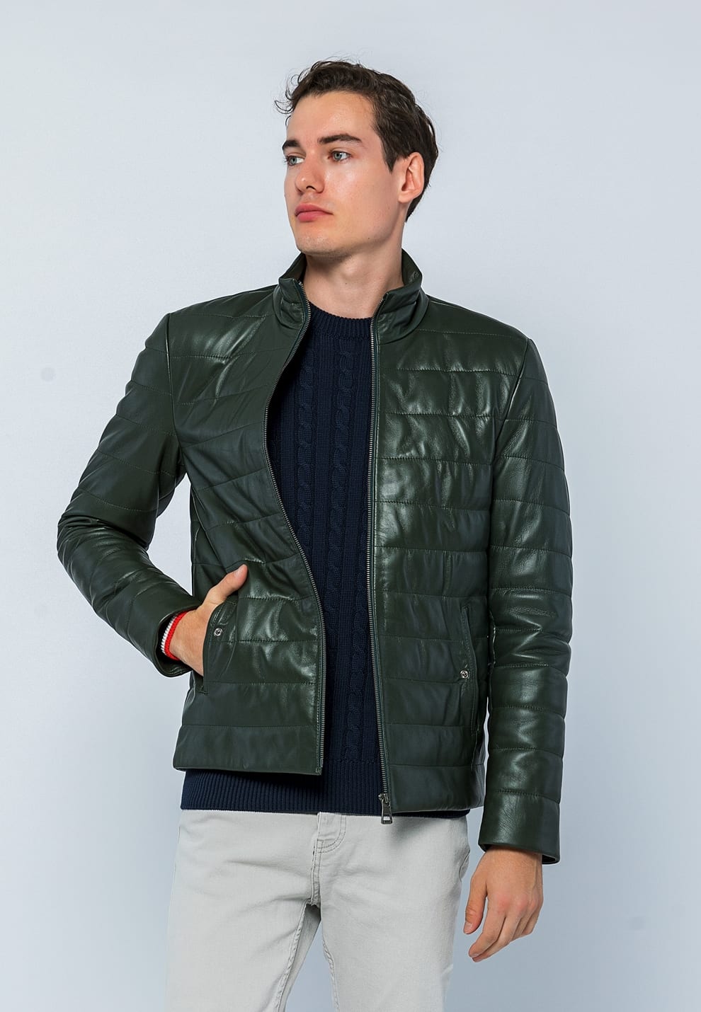Erkek Sisme Deri Ceket Koyu Yesil - Image 2