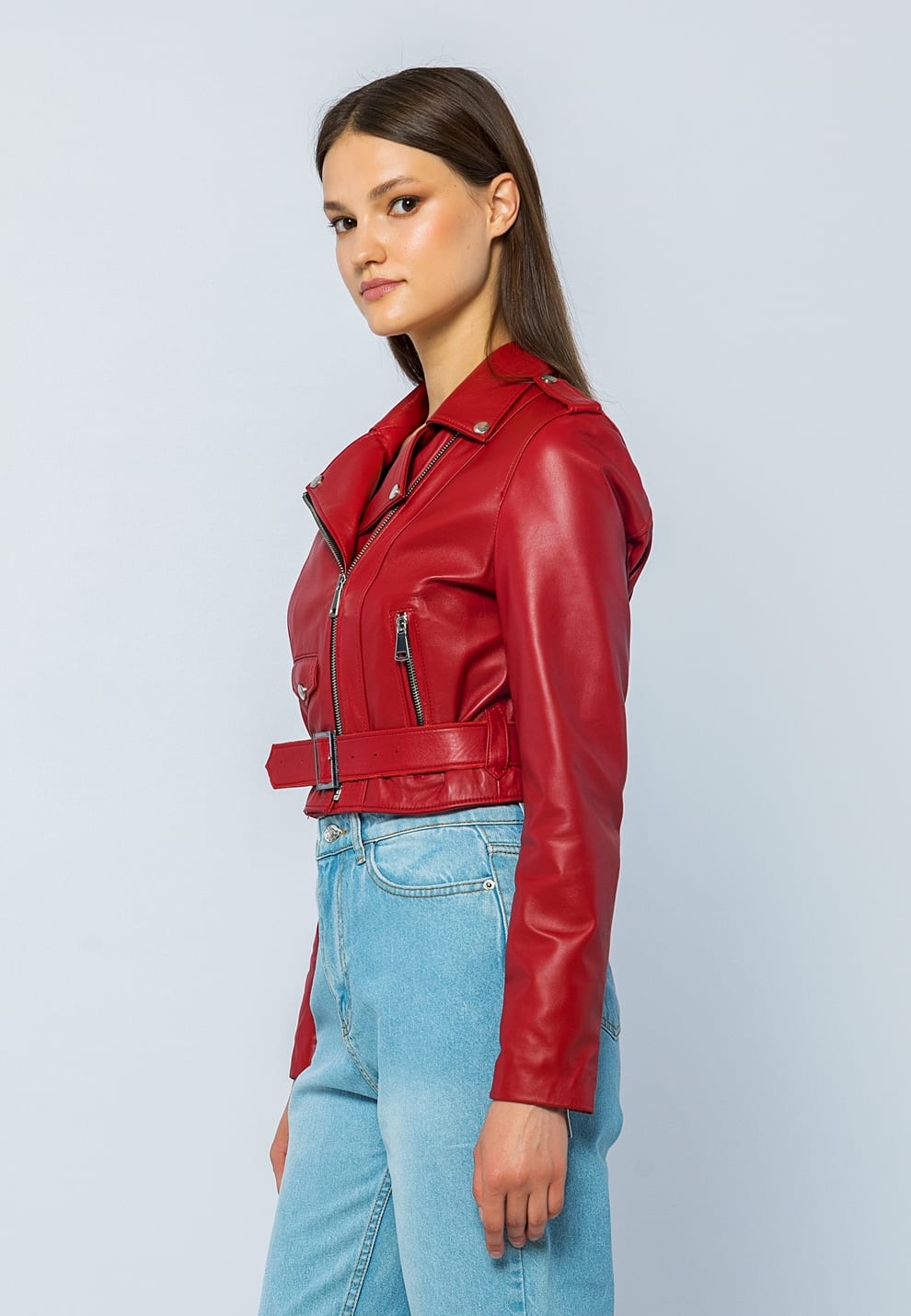 Kadin Kemerli Kisa Deri Ceket Kirmizi - Image 4