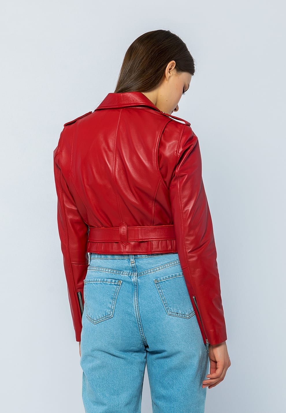 Kadin Kemerli Kisa Deri Ceket Kirmizi - Image 6