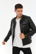 Erkek Biker Deri Ceket Siyah - Image 1