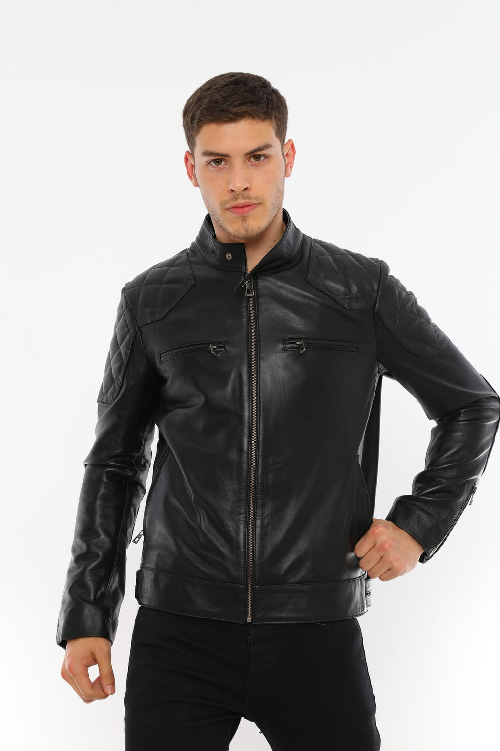 Erkek Biker Deri Ceket Siyah - Image 2