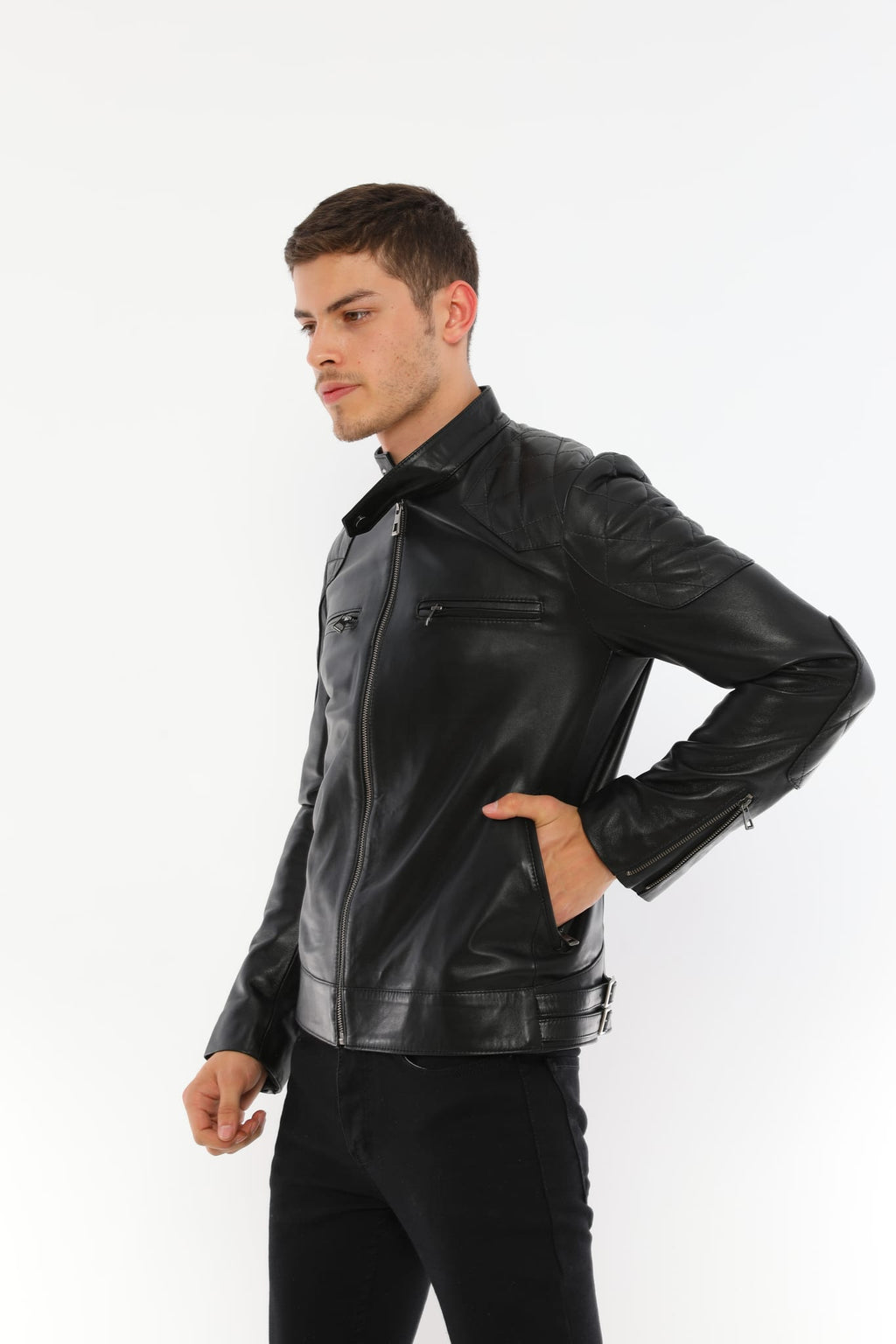 Erkek Biker Deri Ceket Siyah - Image 3