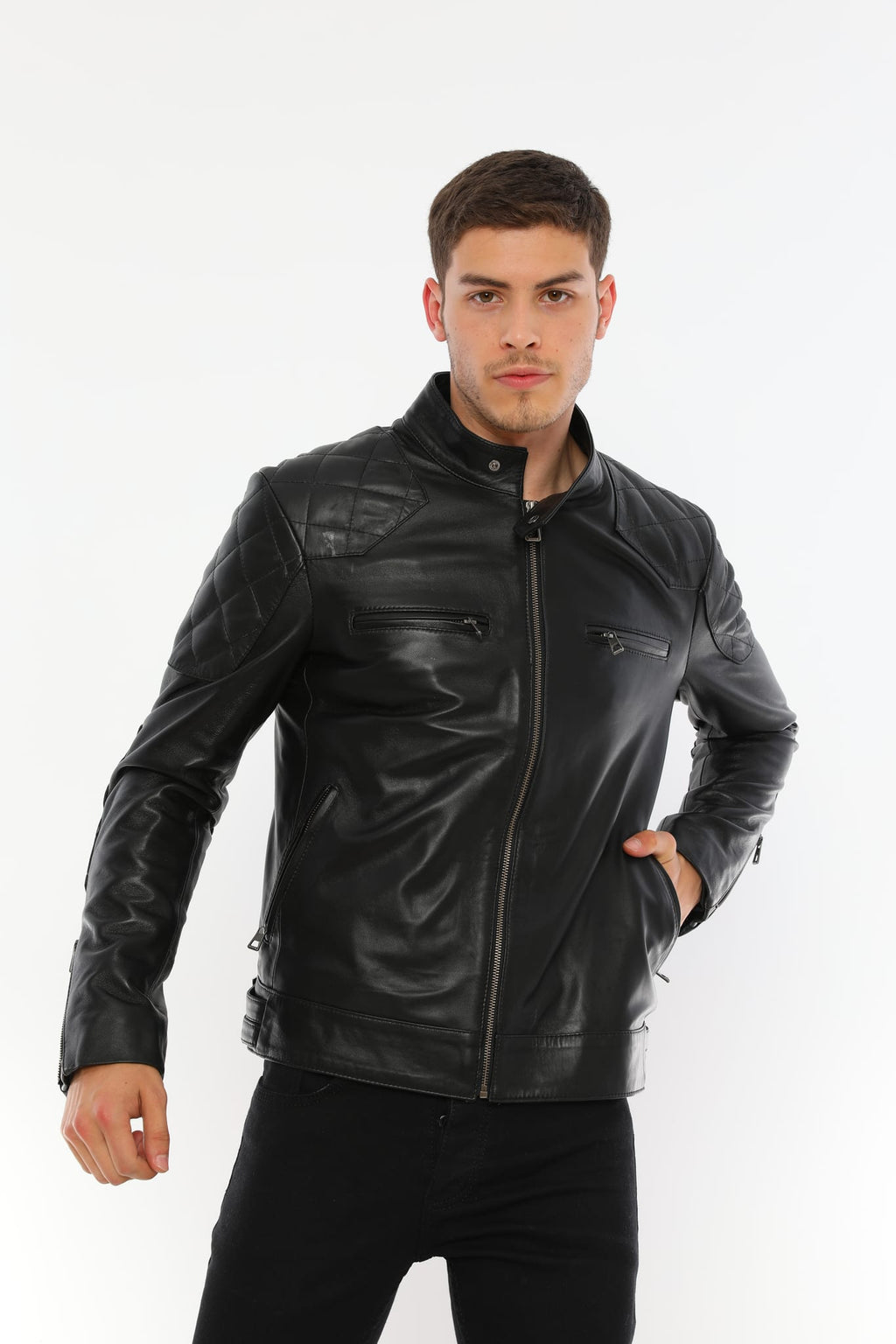 Erkek Biker Deri Ceket Siyah - Image 4