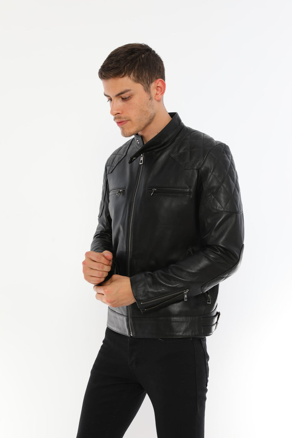 Erkek Biker Deri Ceket Siyah - Image 5