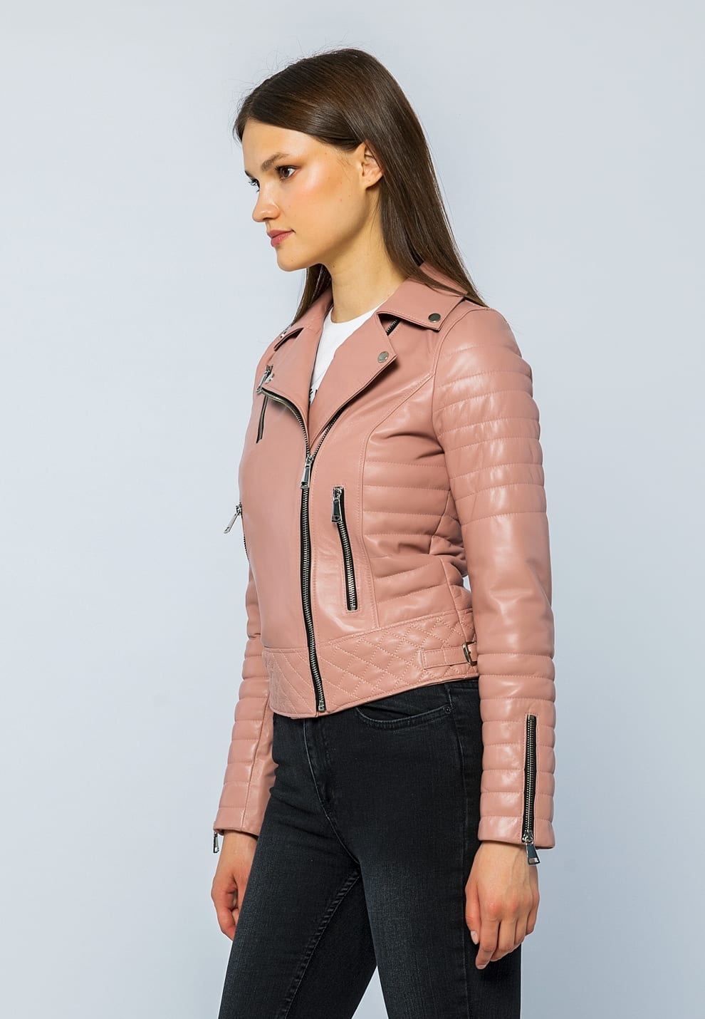 Kadin Motorcu Deri Ceket Acik Pembe - Image 3