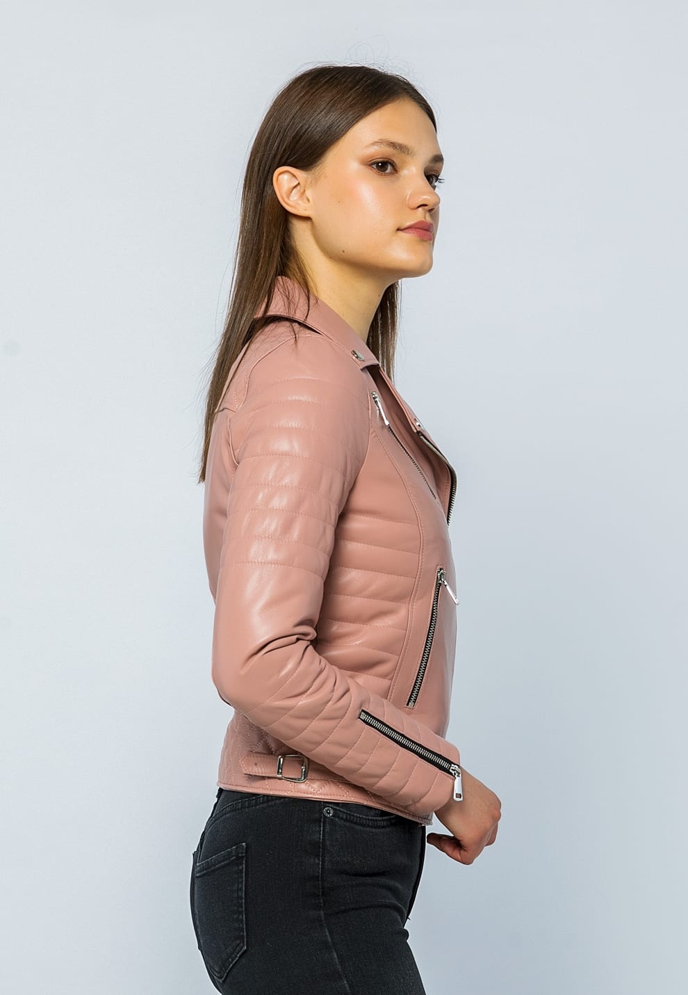 Kadin Motorcu Deri Ceket Acik Pembe - Image 4
