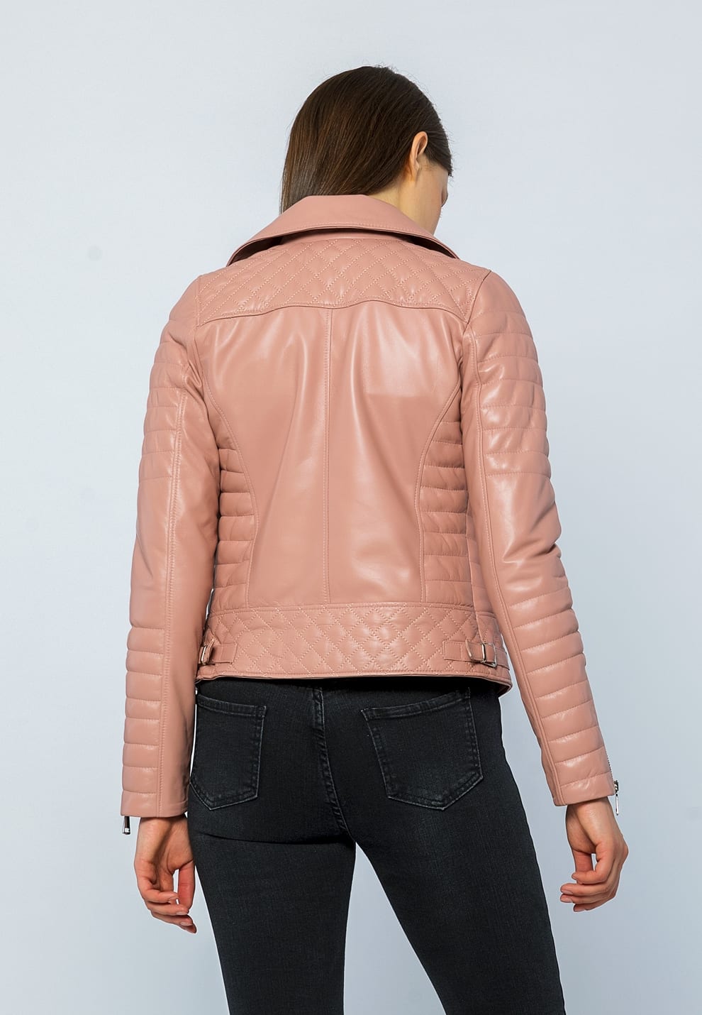 Kadin Motorcu Deri Ceket Acik Pembe - Image 5