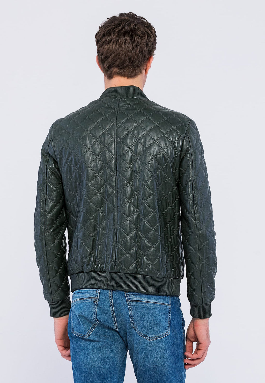 Erkek Kapitone Dikisli Deri Ceket Yesil - Image 6