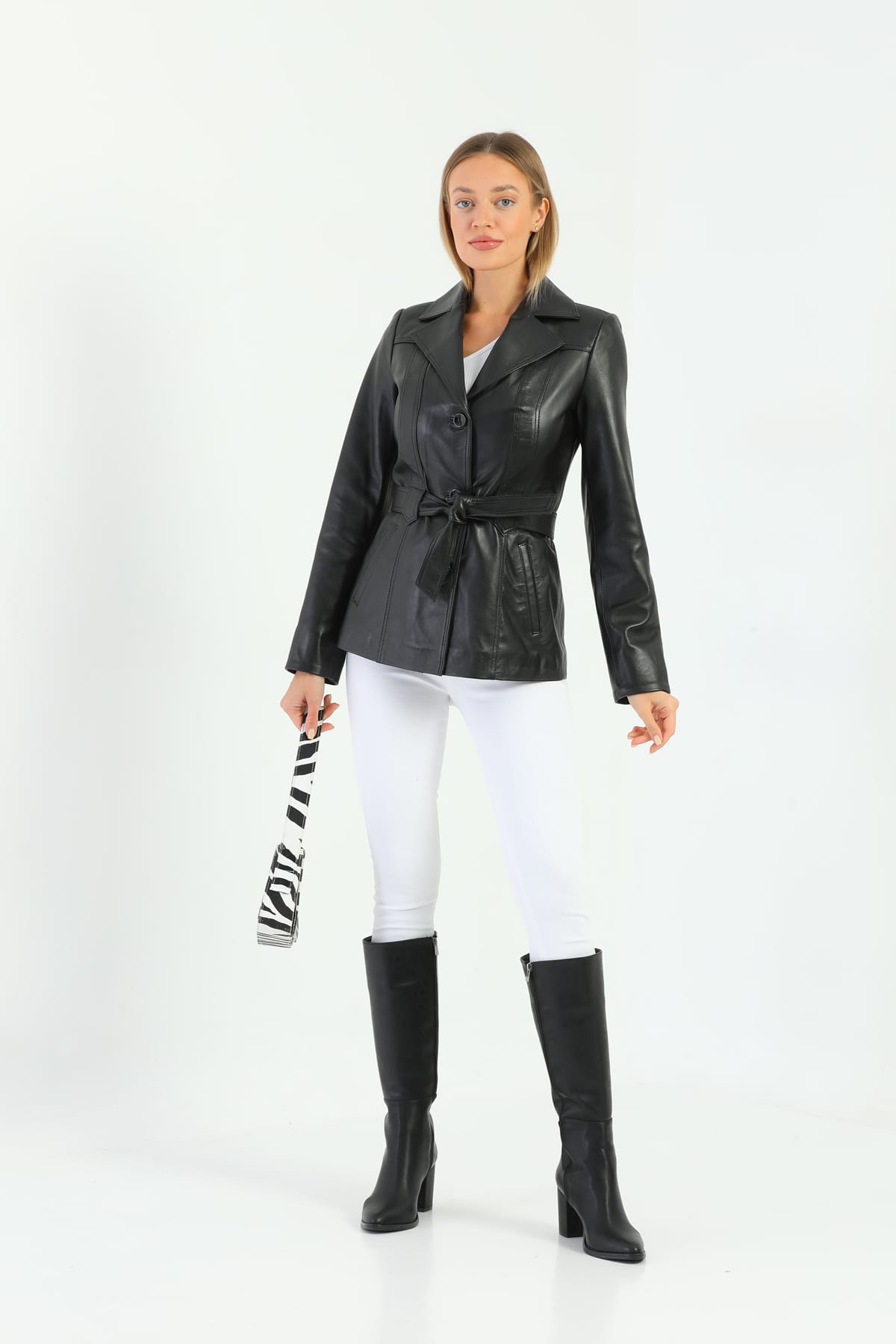 Kadin Kusak Detayli Deri Ceket Siyah - Image 1