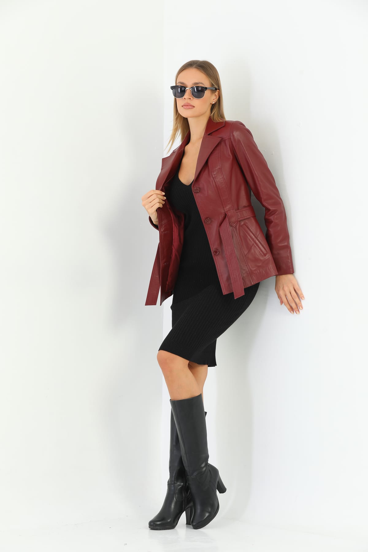 Kadin Kusak Detayli Deri Ceket Bordo - Image 5