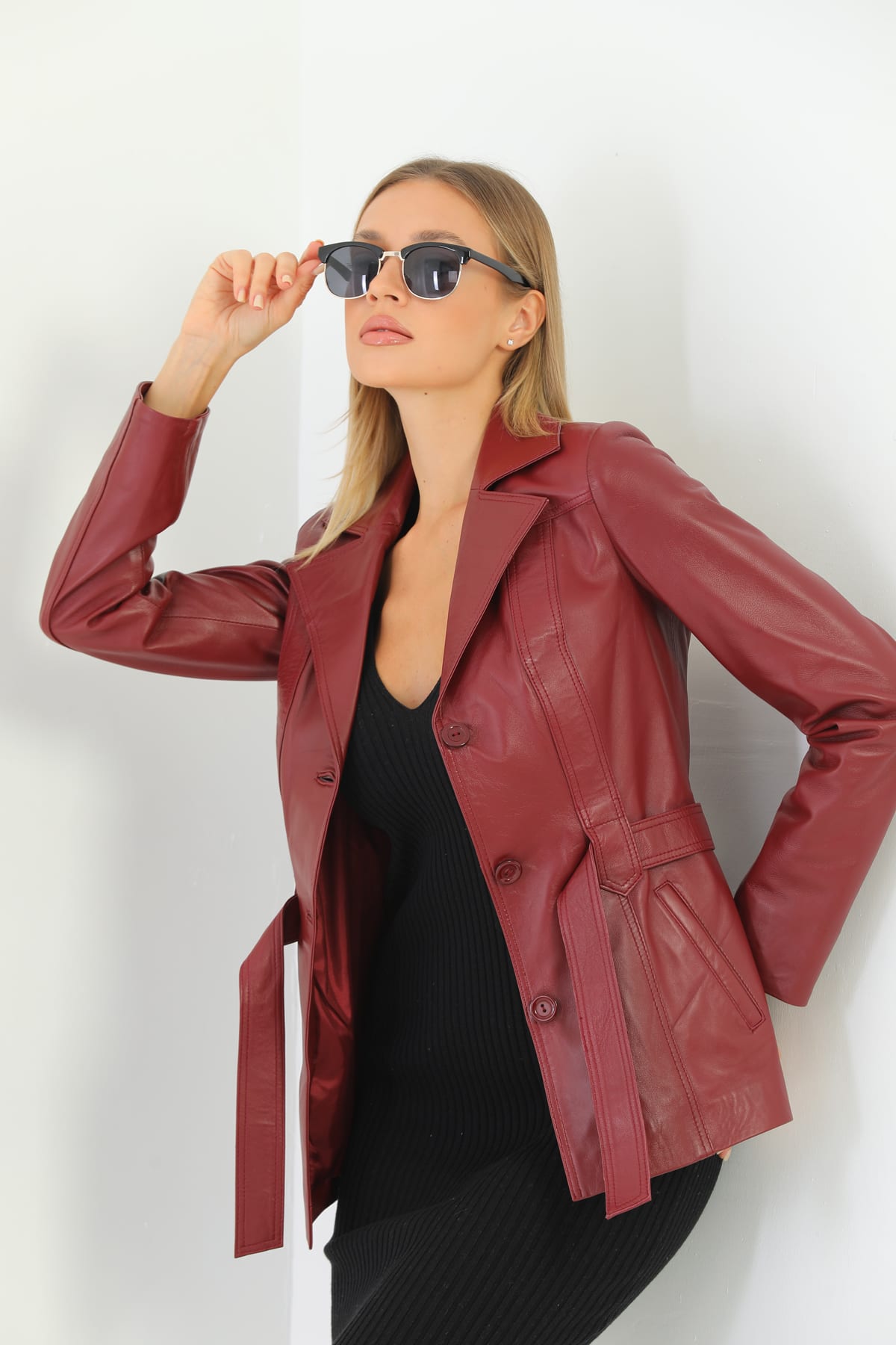 Kadin Kusak Detayli Deri Ceket Bordo - Image 6