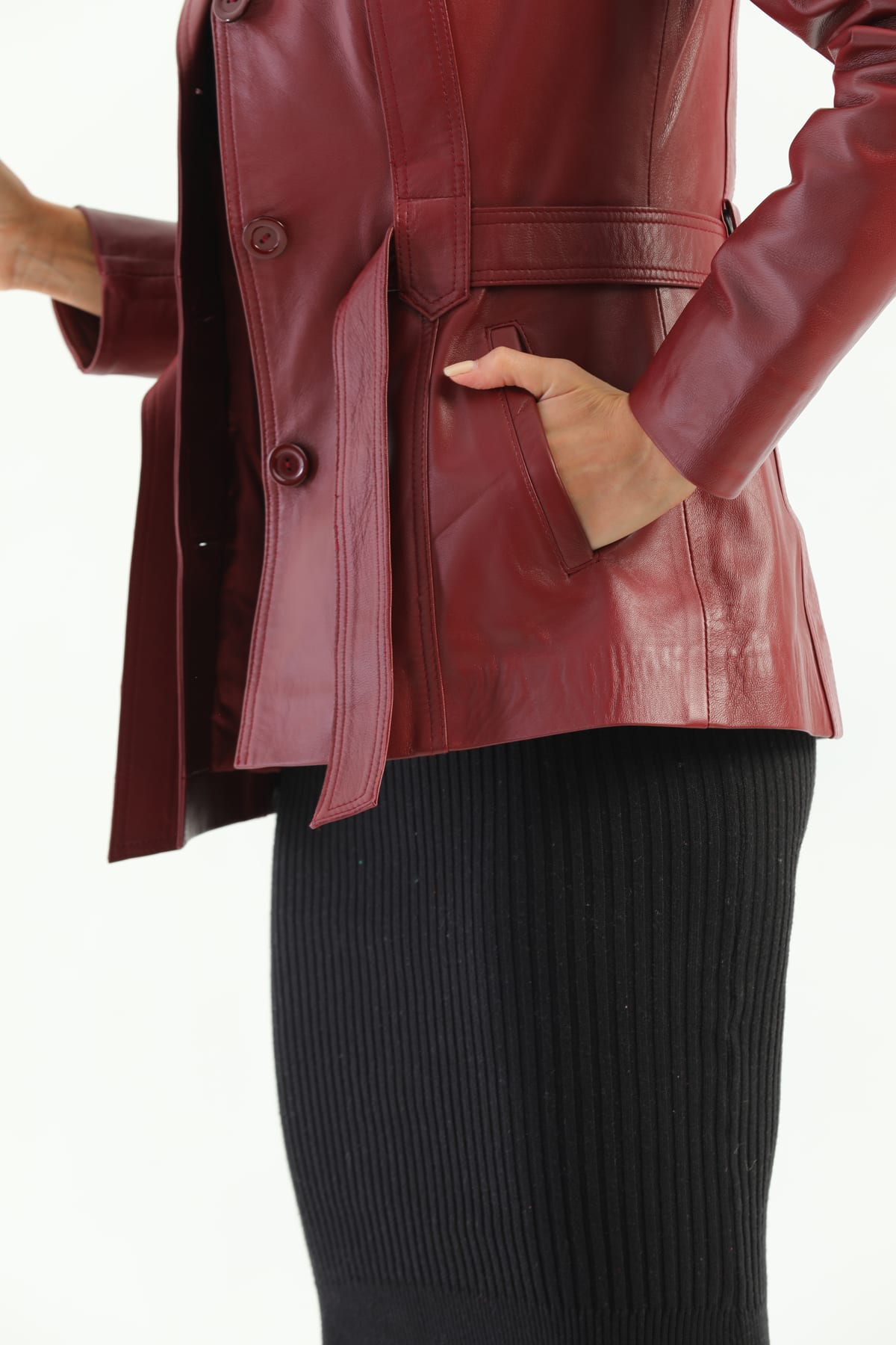 Kadin Kusak Detayli Deri Ceket Bordo - Image 7