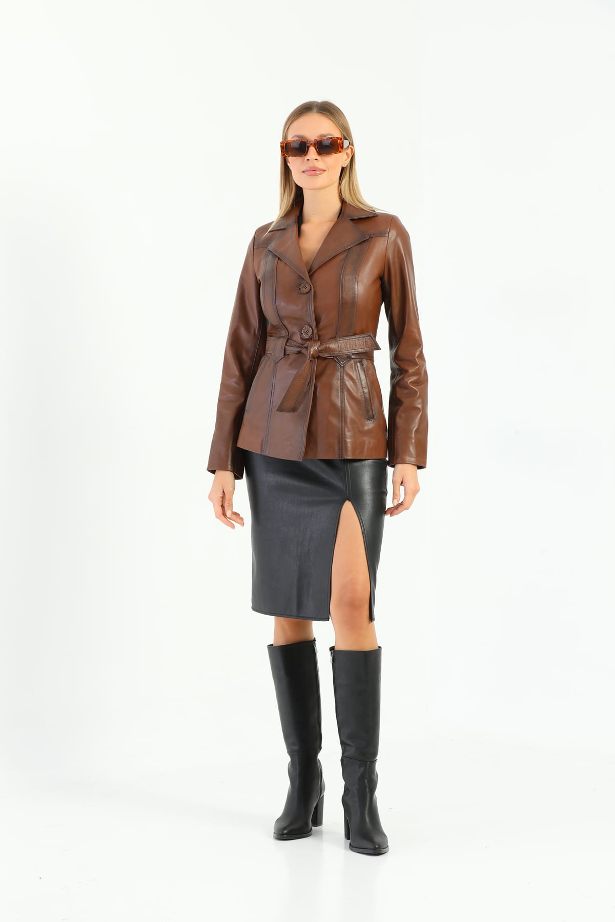 Kadin Kusak Detayli Deri Ceket Kestane - Image 1