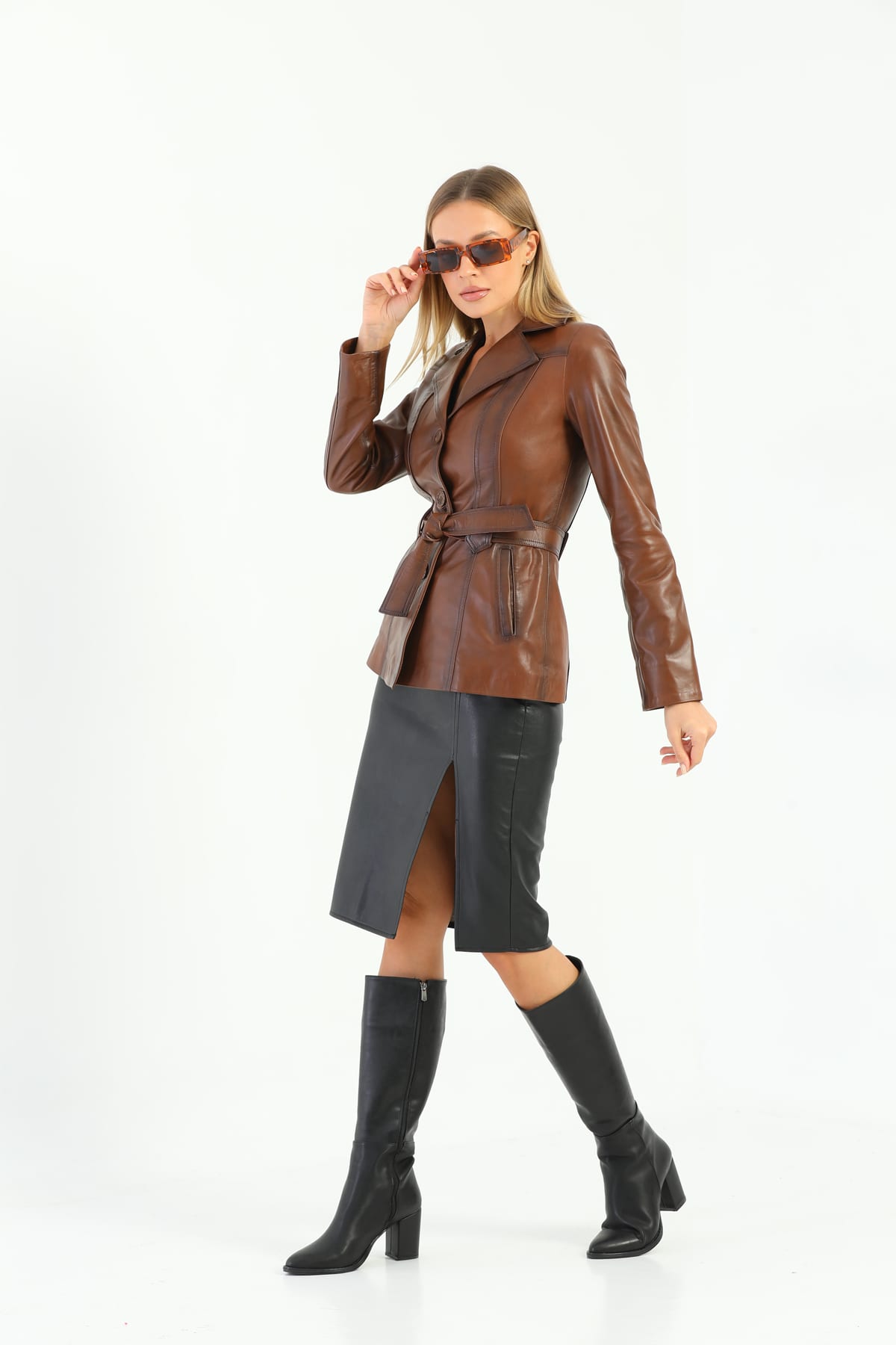 Kadin Kusak Detayli Deri Ceket Kestane - Image 4