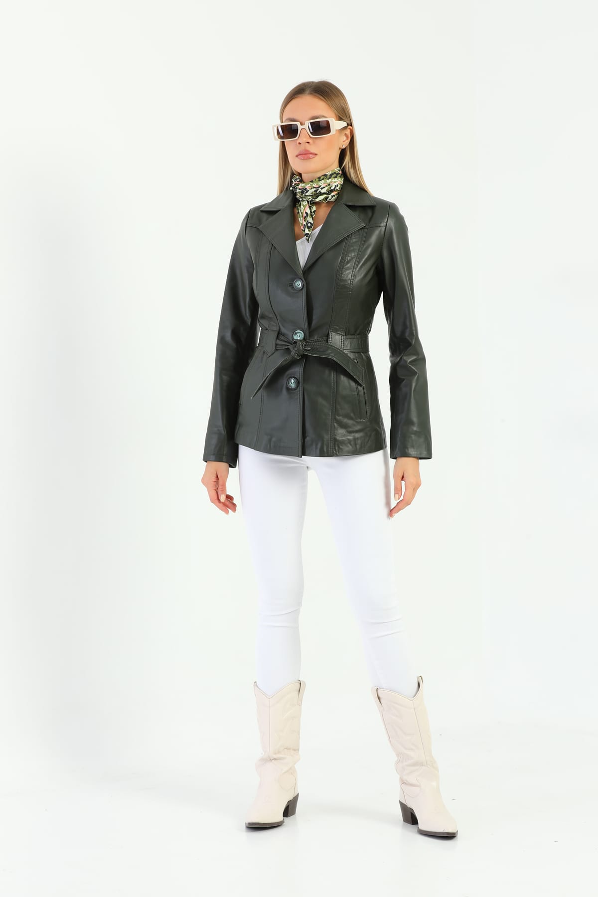 Kadin Kusak Detayli Deri Ceket Koyu Yesil - Image 1