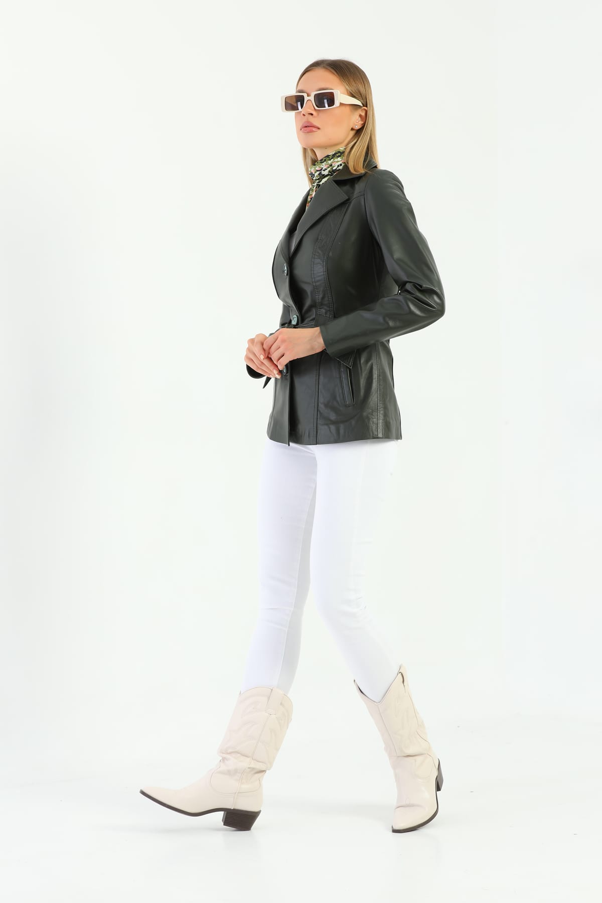 Kadin Kusak Detayli Deri Ceket Koyu Yesil - Image 4