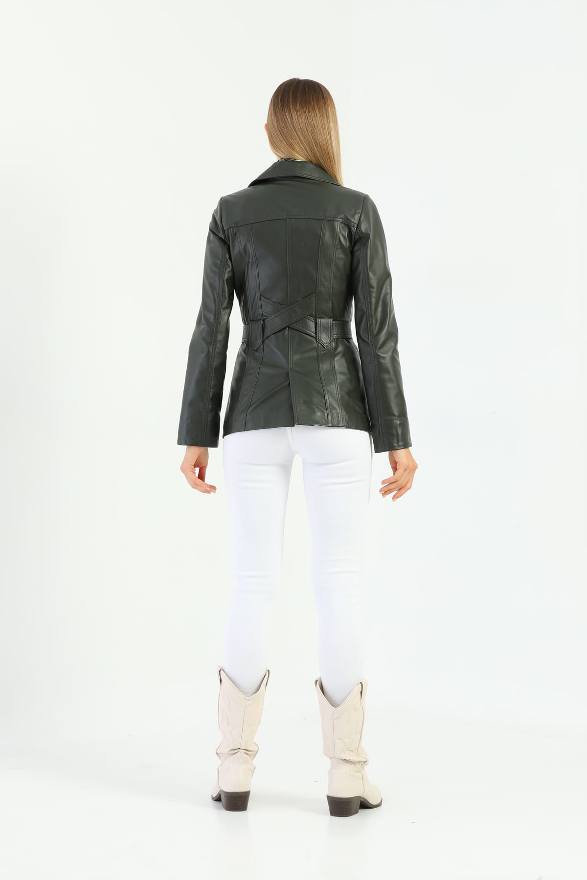 Kadin Kusak Detayli Deri Ceket Koyu Yesil - Image 5