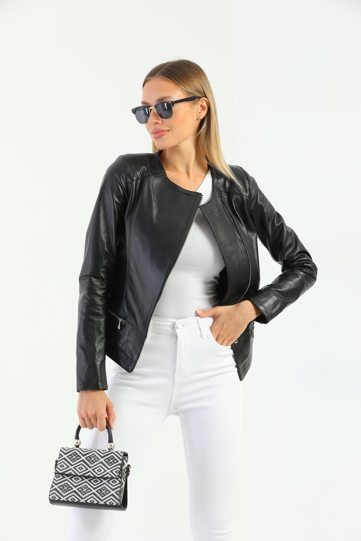 Kadin Asimetrik Fermuar Detayli Deri Ceket Siyah - Image 1