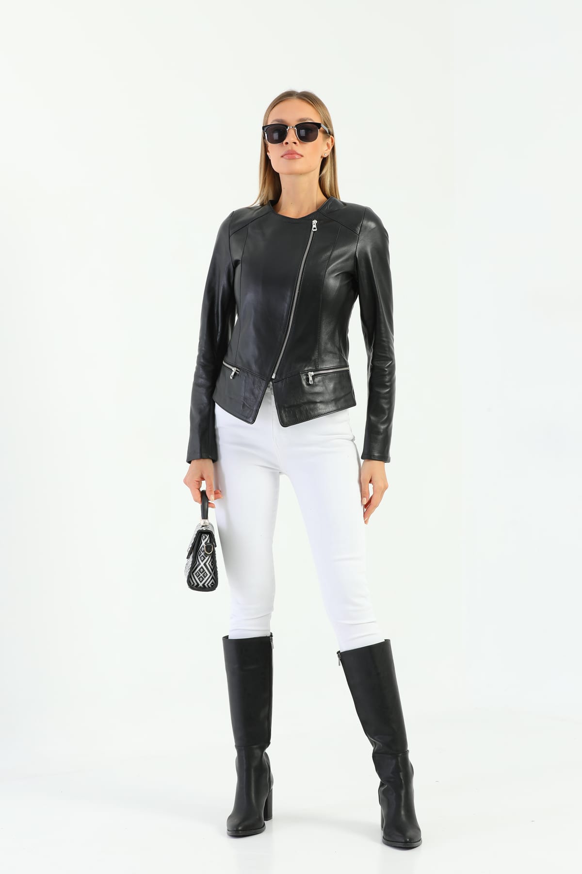 Kadin Asimetrik Fermuar Detayli Deri Ceket Siyah - Image 2