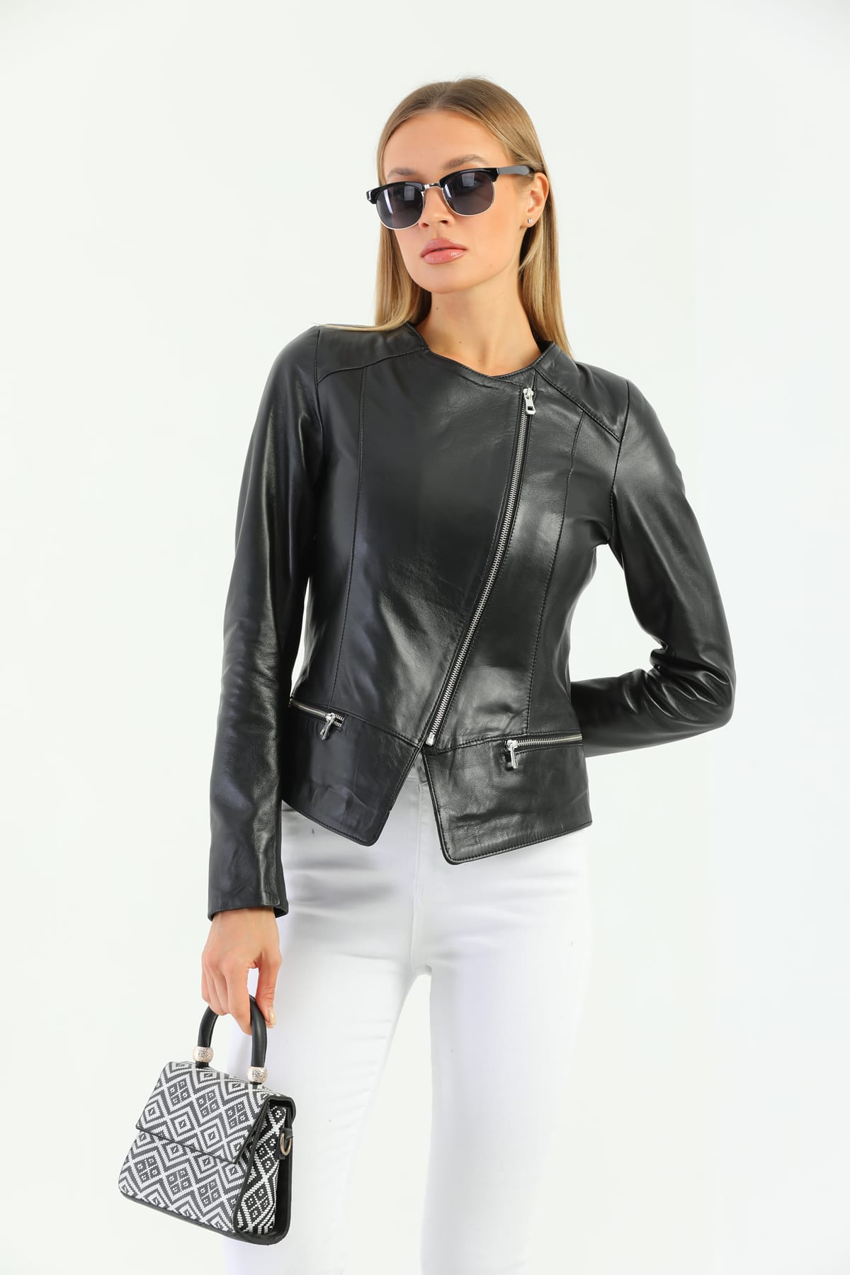 Kadin Asimetrik Fermuar Detayli Deri Ceket Siyah - Image 3