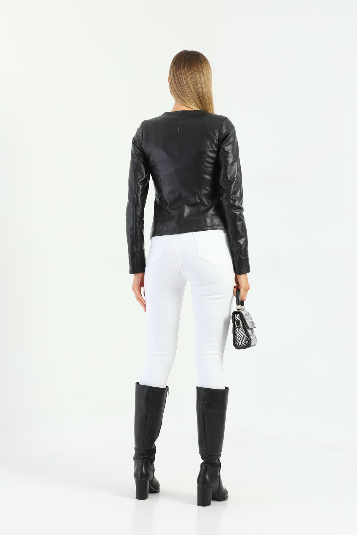 Kadin Asimetrik Fermuar Detayli Deri Ceket Siyah - Image 5