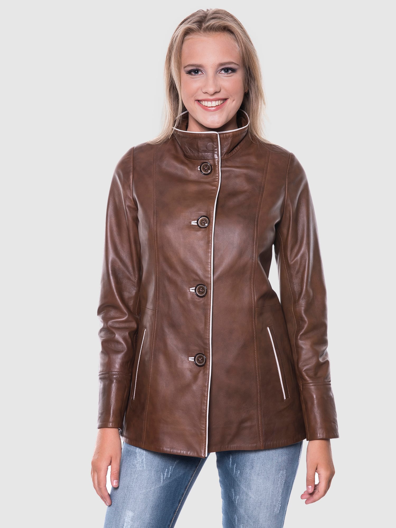 Kadin Dugmeli Hakim Yaka Deri Ceket Kestane - Image 5